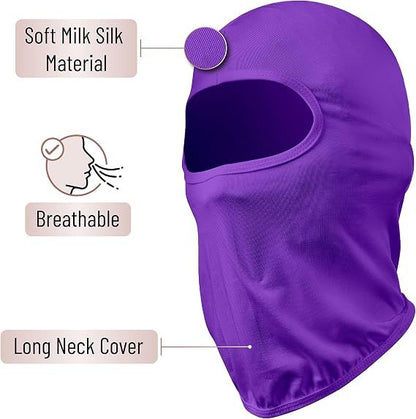 Purple breathable full-face balaclava with long neck cover and face opening.