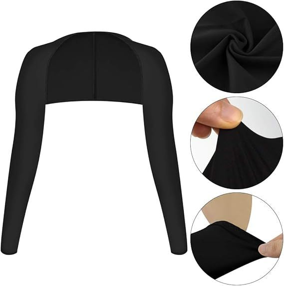 Black cooling sun-protection shawl with long sleeves; fabric close-up inset shows smooth texture