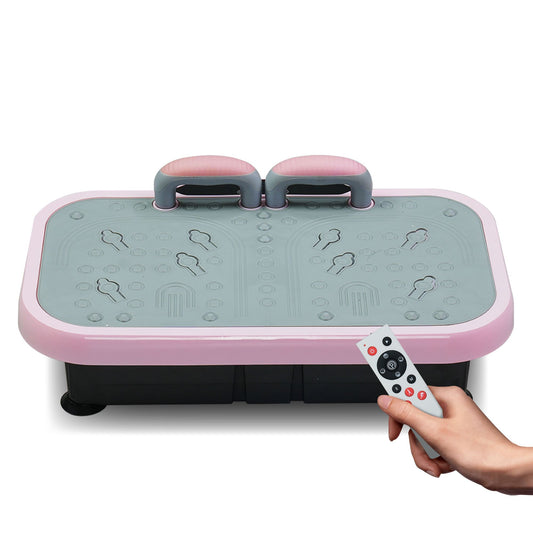 Pink vibration plate fitness platform with two gray handles and handheld remote controller