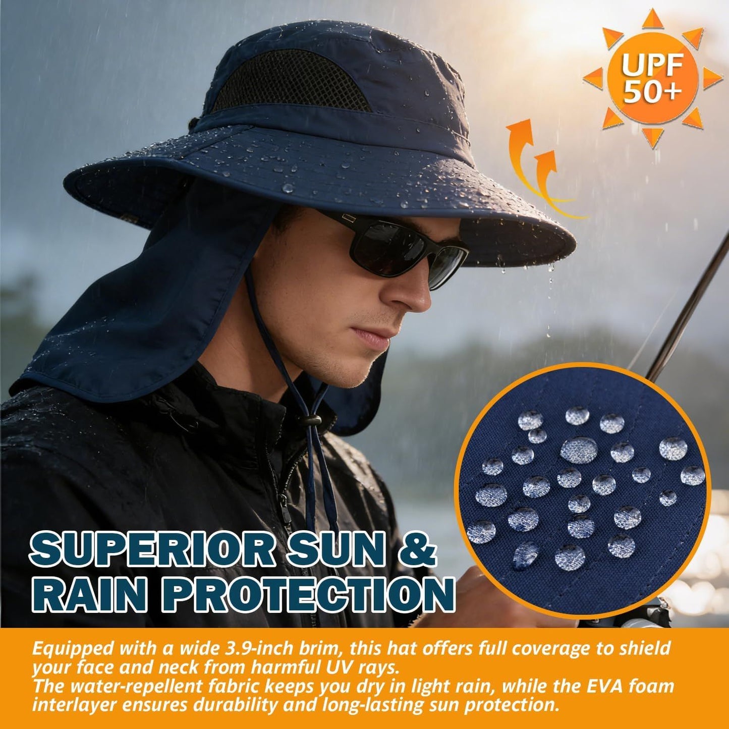 Dark navy wide-brim sun hat with neck flap and water-resistant fabric, side profile.