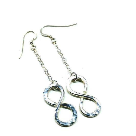 Silver infinity earrings with hammered pattern, linked chain drop and fishhook backs