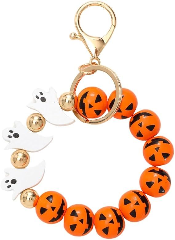 Halloween beaded keychain with orange jack-o-lantern beads and white ghost charms