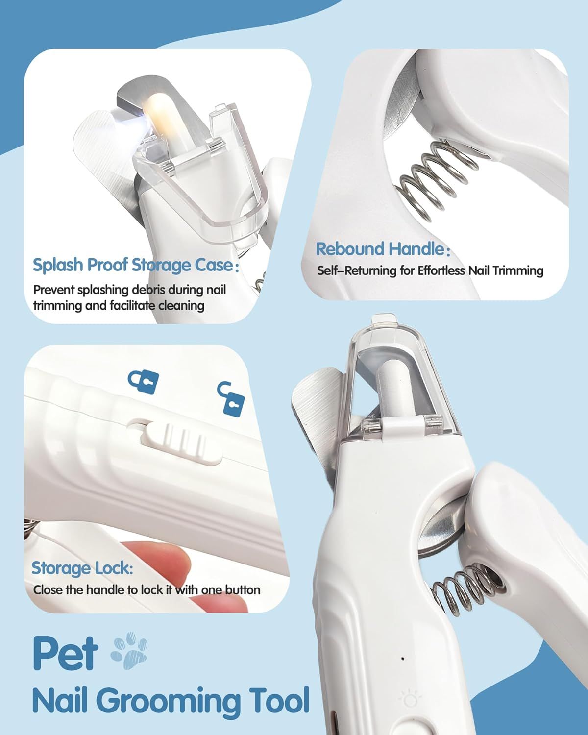 White pet nail grooming tool with splash-proof storage case and lock design.