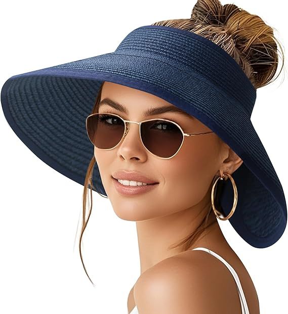 Navy wide-brim sun hat with open-top ponytail slot, floppy straw style