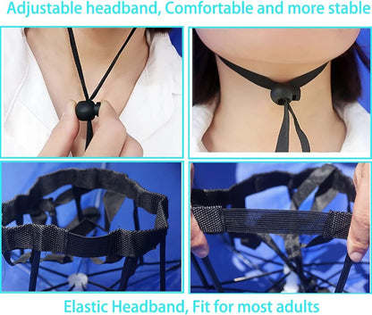 Adjustable headband with black ties for an umbrella hat, shown in close-up on neck.