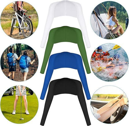 Cooling shawls set in green, blue, white, and black with long sleeves and curved shape