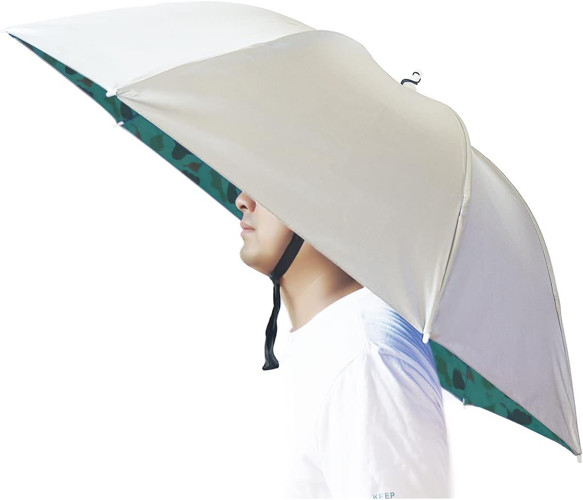 Beige umbrella hat with green camouflage trim and chin strap for outdoor shade