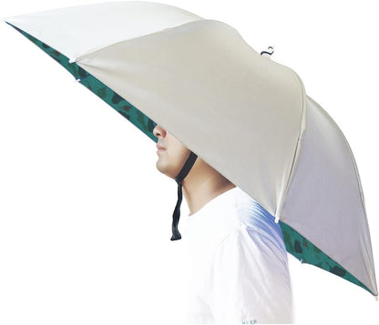 Beige umbrella hat with green camouflage trim and chin strap for outdoor shade
