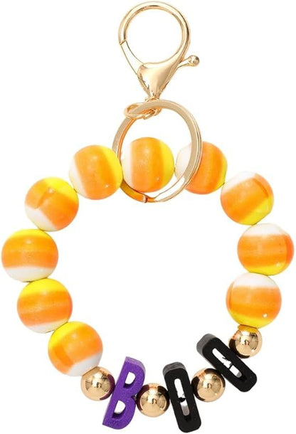 Halloween beaded keychain ring with orange striped beads and black 'Boo' letters