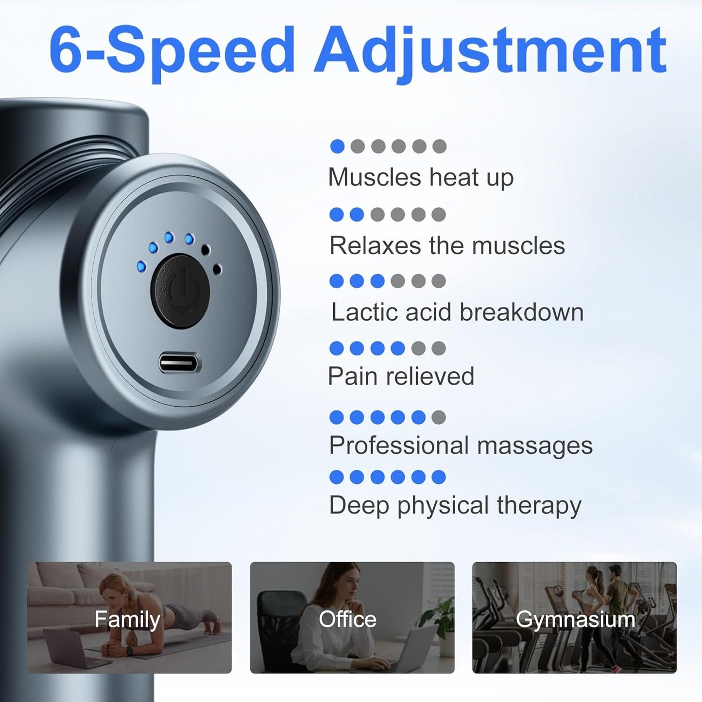 Blue massage gun with circular control dial and round massage plate head