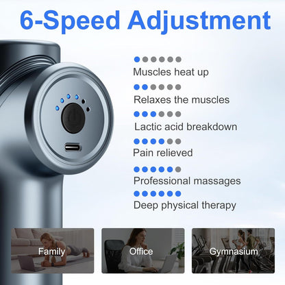 Blue massage gun with circular control dial and round massage plate head