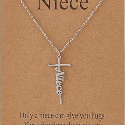 Cross pendant necklace with silver chain and Niece cursive charm