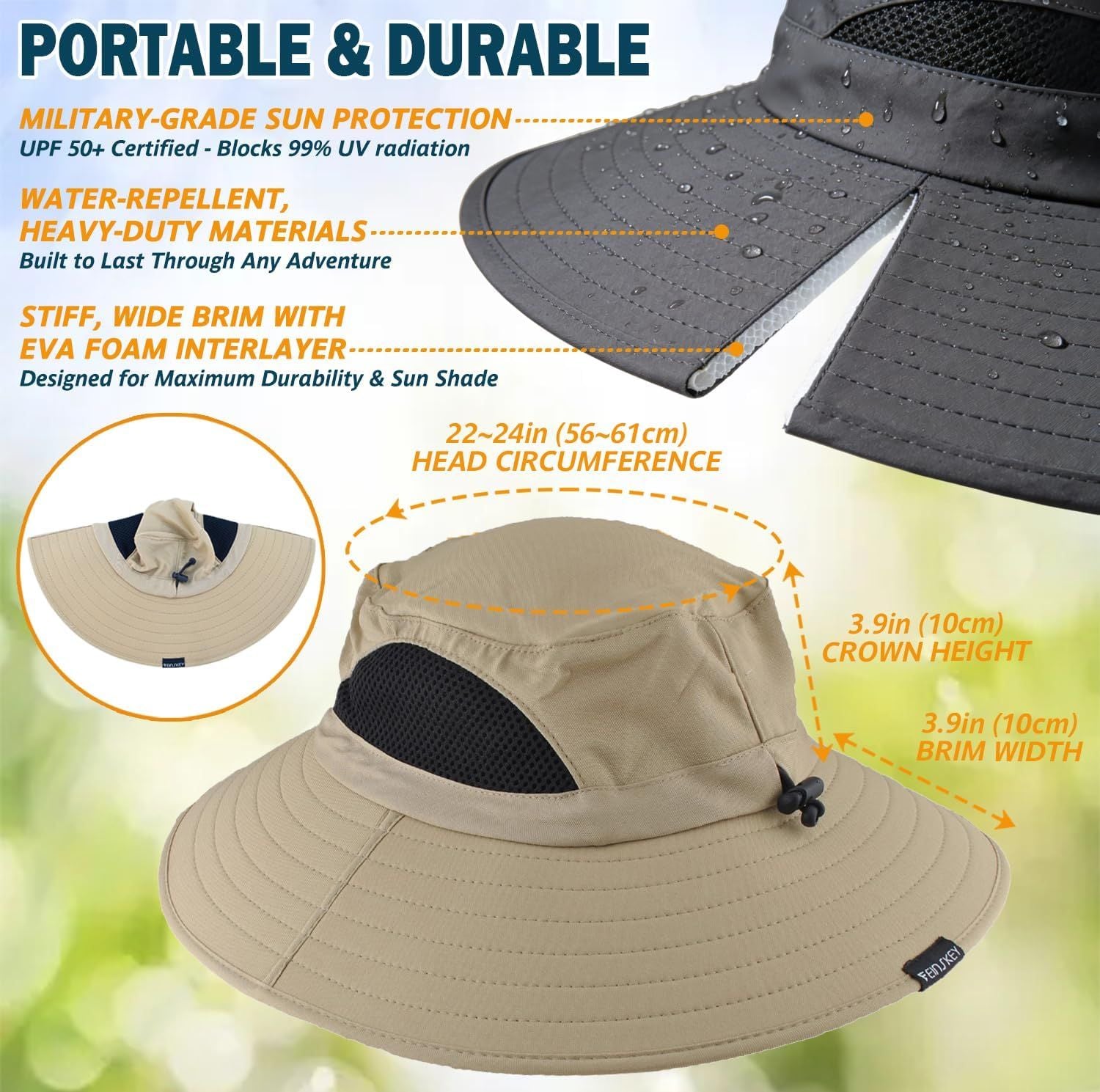 Light beige wide-brim sun hat with black mesh crown panel and droplet-resistant fabric