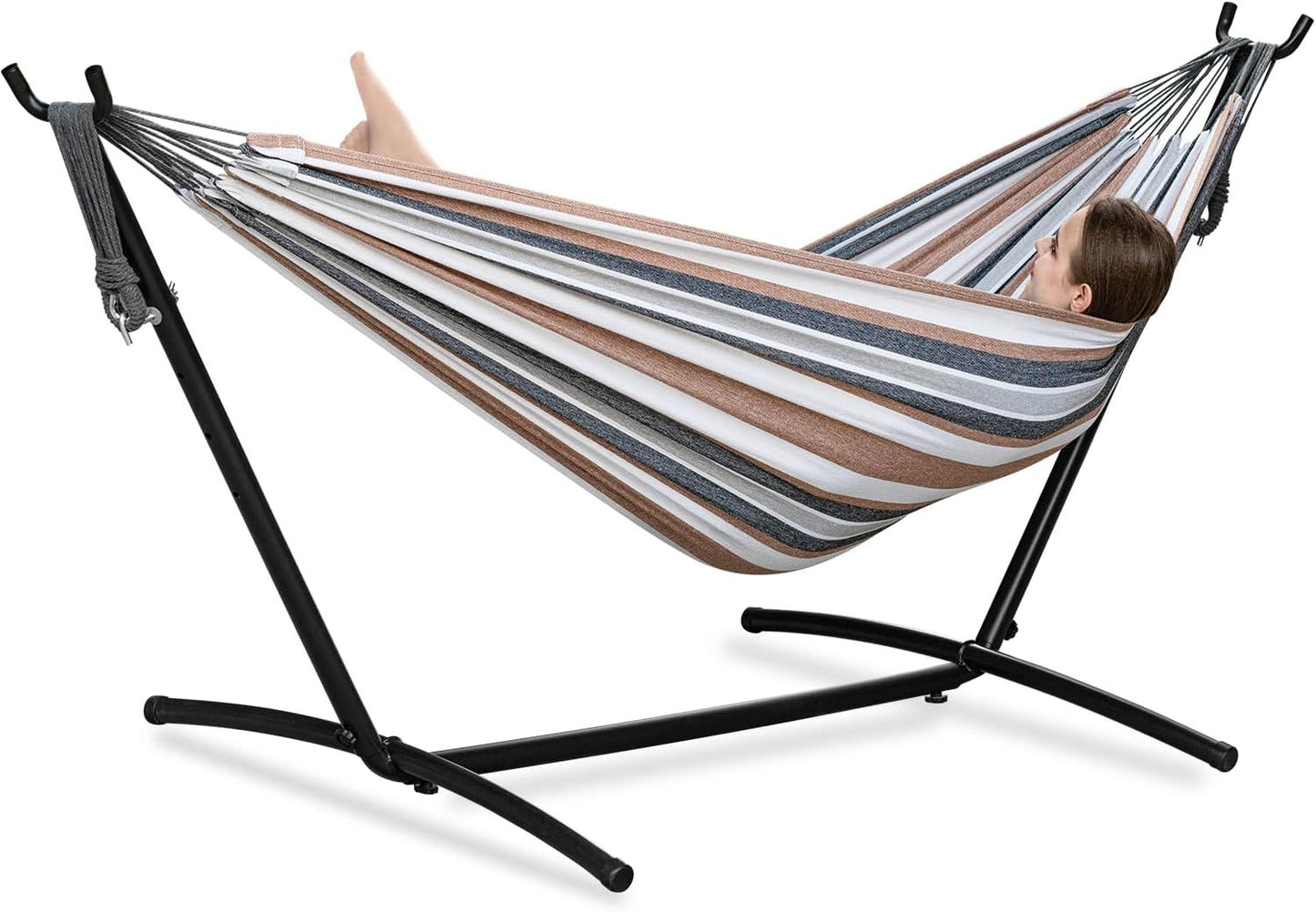Double hammock with stand, brown and gray striped fabric on black steel frame