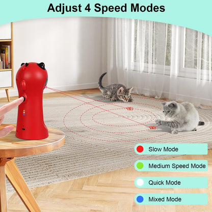Automatic laser cat toy, red body with black top; gray cats watching projected laser paths