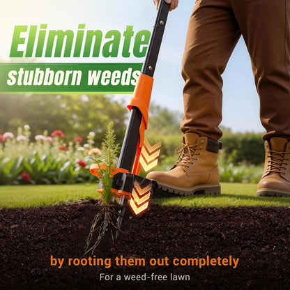 Orange stand-up weed puller tool with four claw prongs pressed into soil