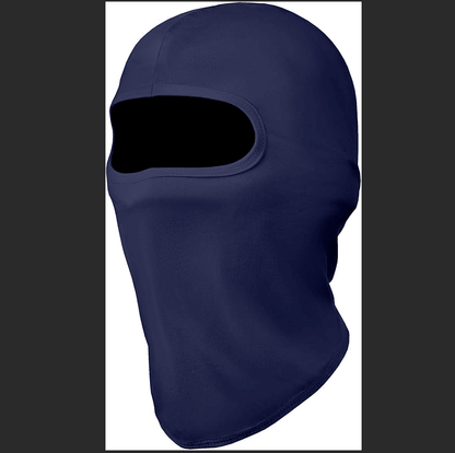 Navy blue full-face balaclava ski mask with oval eye opening and snug hood