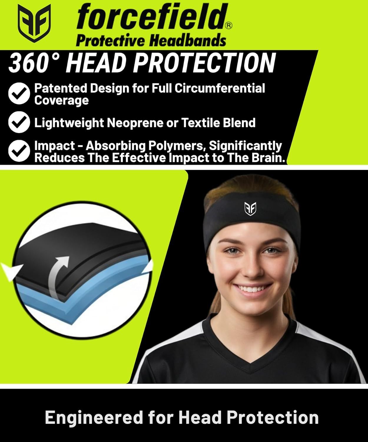 Black protective headband with PF logo on model, full coverage protection banner
