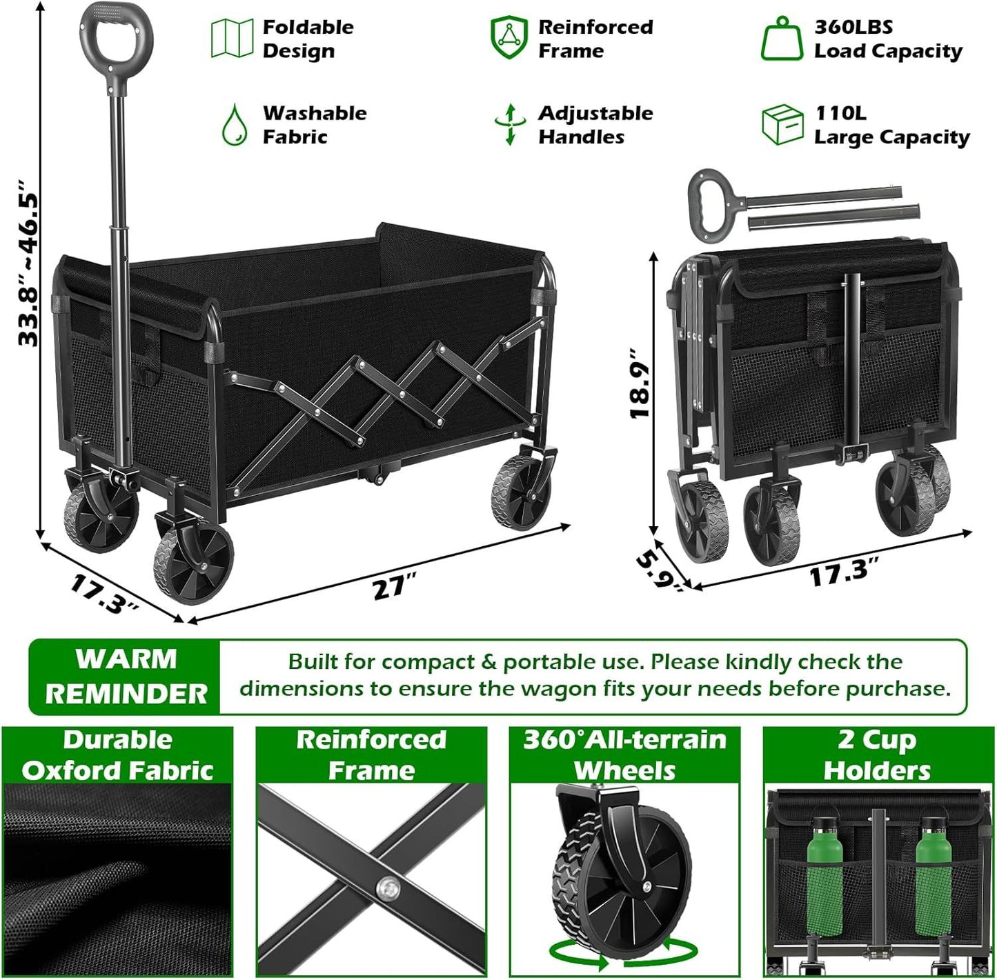 Folding wagon cart with wheels, mesh side panels, and tall pull handle