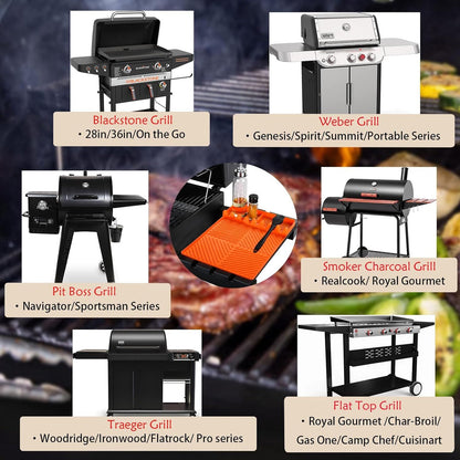 Orange silicone tools mat shown with grill accessory arrangement in product montage