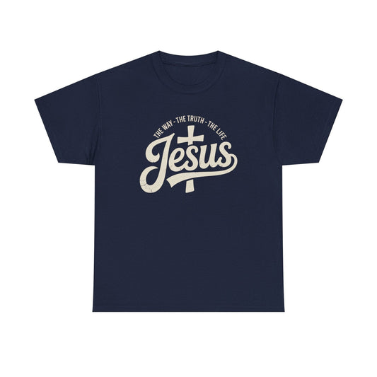 Navy Way Vintage Jesus T-shirt with cream 'Jesus' logo and arched slogan