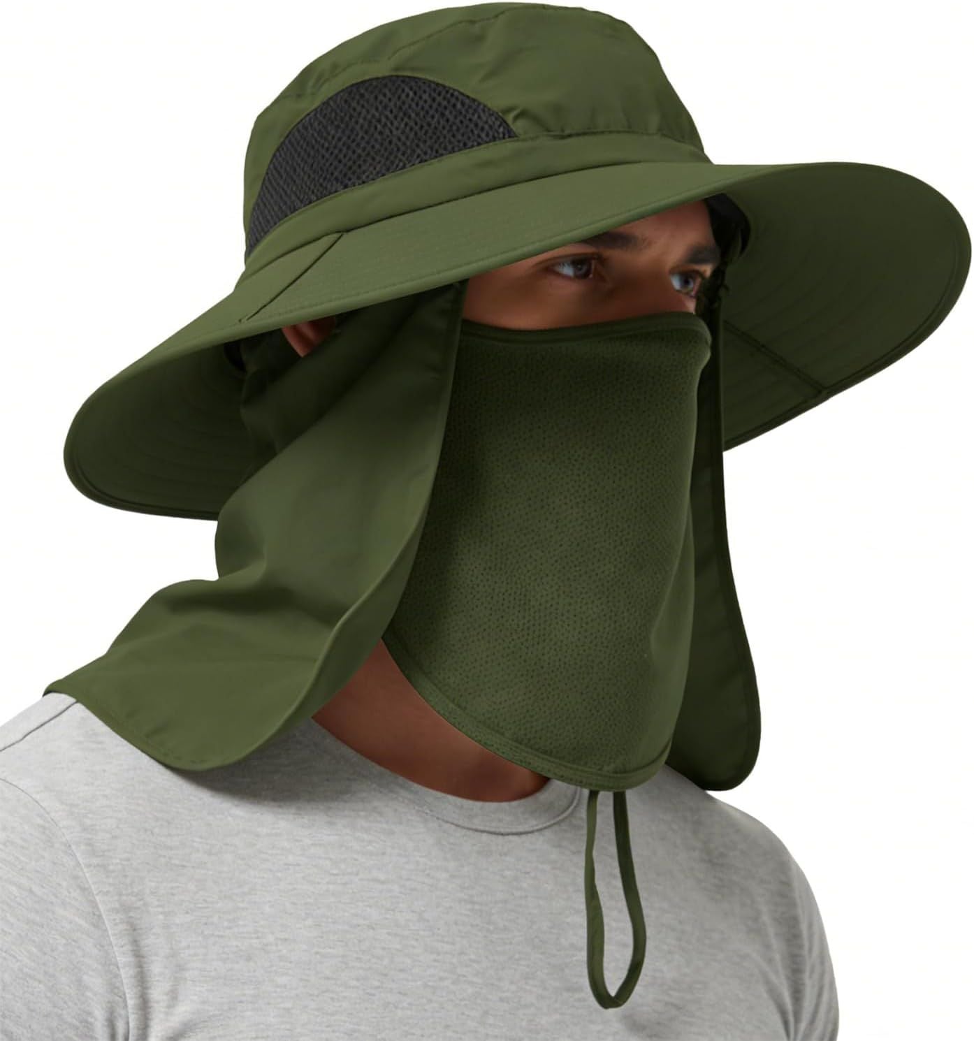 Army green wide-brim sun hat with tied chin strap and face covering