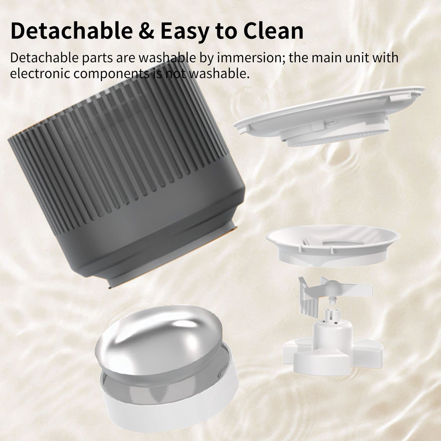 Automatic pet feeder parts shown: dark top unit, detachable bowl tray, and base components