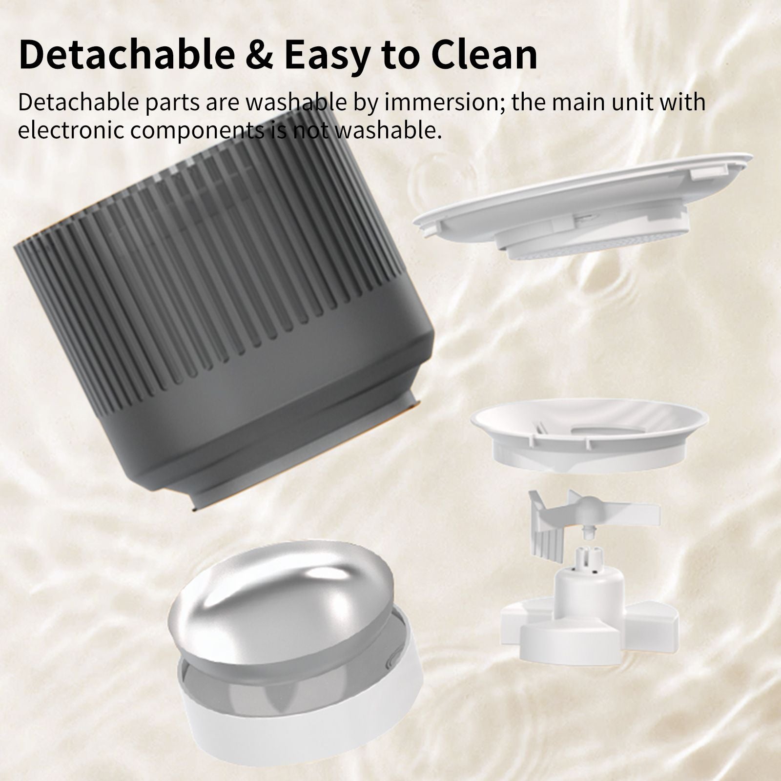 Automatic pet feeder parts shown: dark top unit, detachable bowl tray, and base components