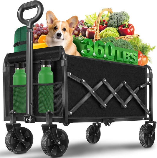 Black foldable wagon cart with wheels, front handle and two bottle cup holders