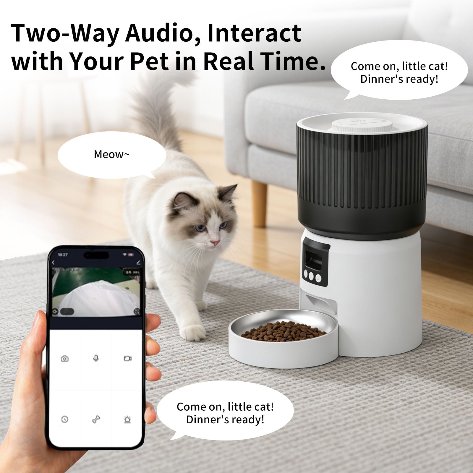 Smart automatic pet feeder with open bowl, cat interacting while smartphone app is shown