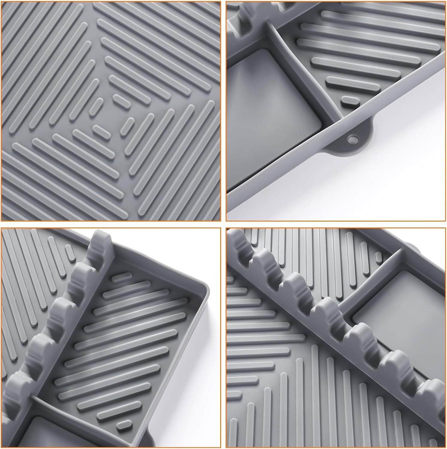 Gray silicone tools mat close-up with raised grooves and corner utensil-rest pegs.