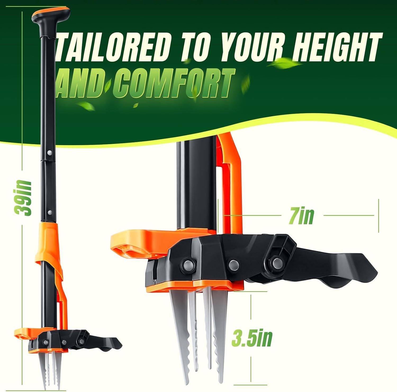 Orange and black stand-up weeding tool with long handle and four claw prongs