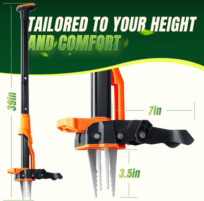 Orange and black stand-up weeding tool with long handle and four claw prongs