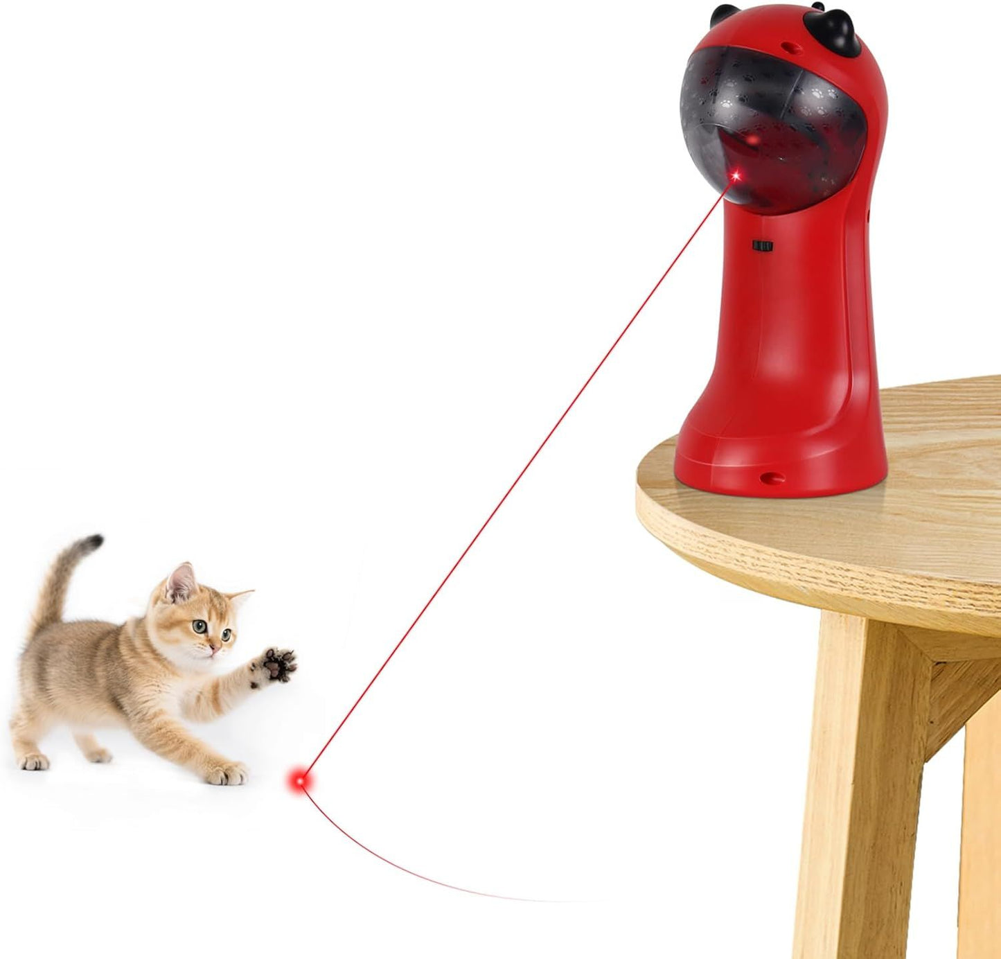 Red automatic laser cat toy with red laser dot and beam, near striped kitten