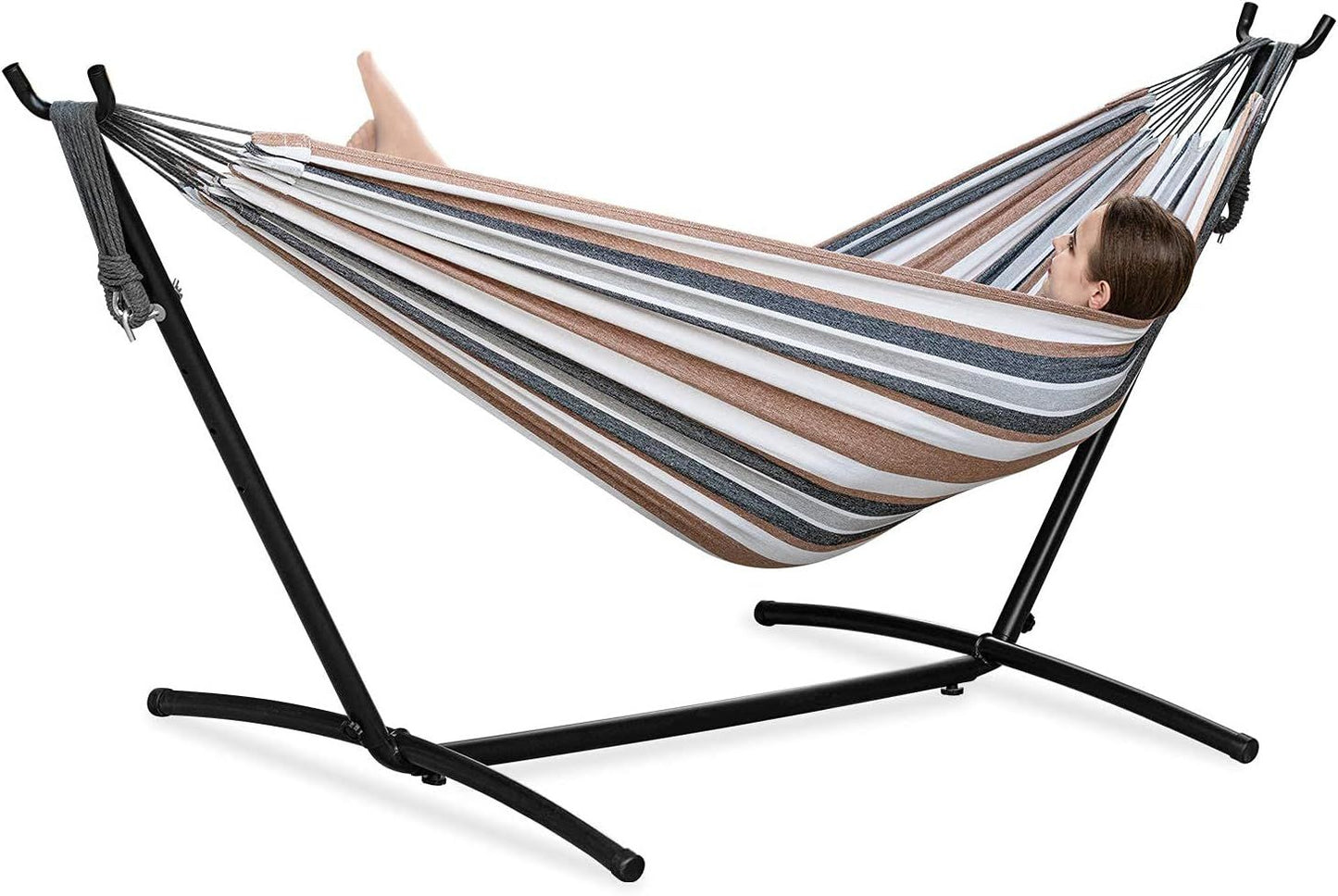 Double hammock with stand, striped hammock stretched on black steel frame indoors/outdoors