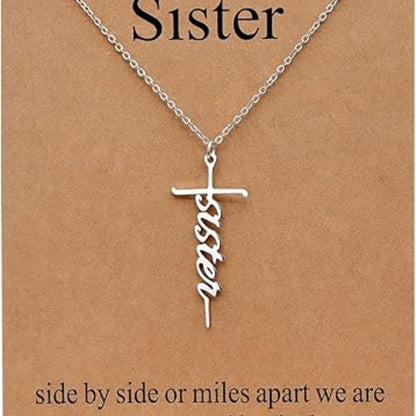 Faith cross pendant necklace with “Sister” script charm on silver chain