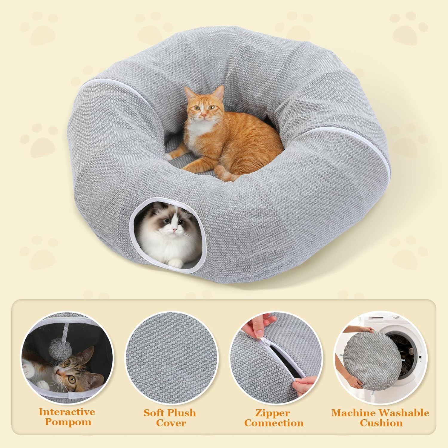 Gray donut-shaped cat tunnel bed with round entrance and soft plush cushion