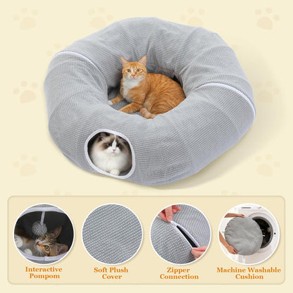 Gray donut-shaped cat tunnel bed with round entrance and soft plush cushion