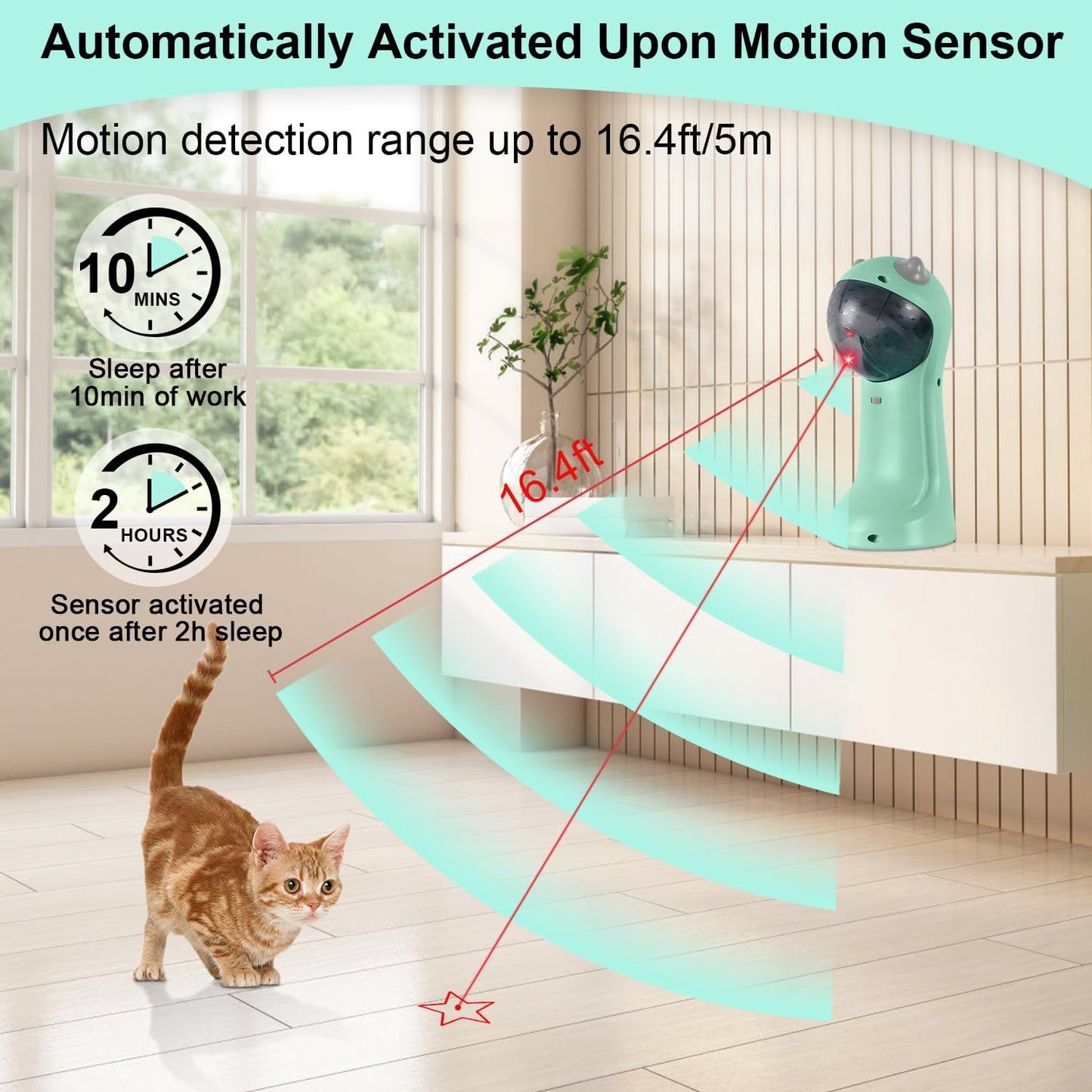 Motion-activated laser cat toy, mint green body with black top and visible light trails