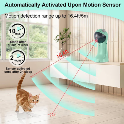 Motion-activated laser cat toy, mint green body with black top and visible light trails