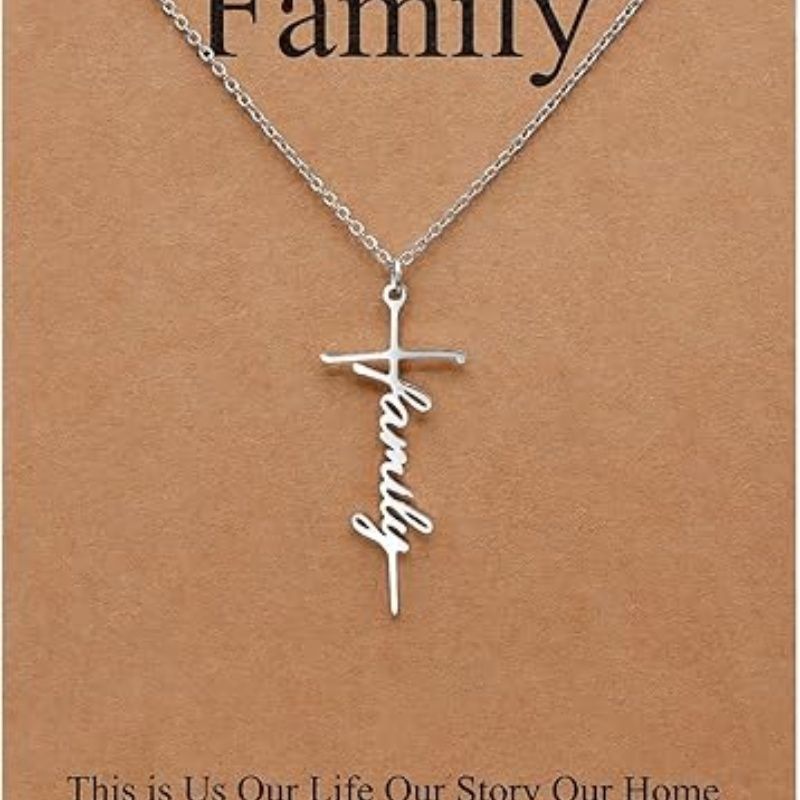 Silver cross pendant necklace with Family script charm on a chain