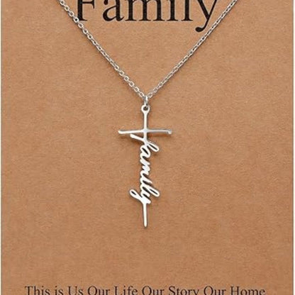 Silver cross pendant necklace with Family script charm on a chain