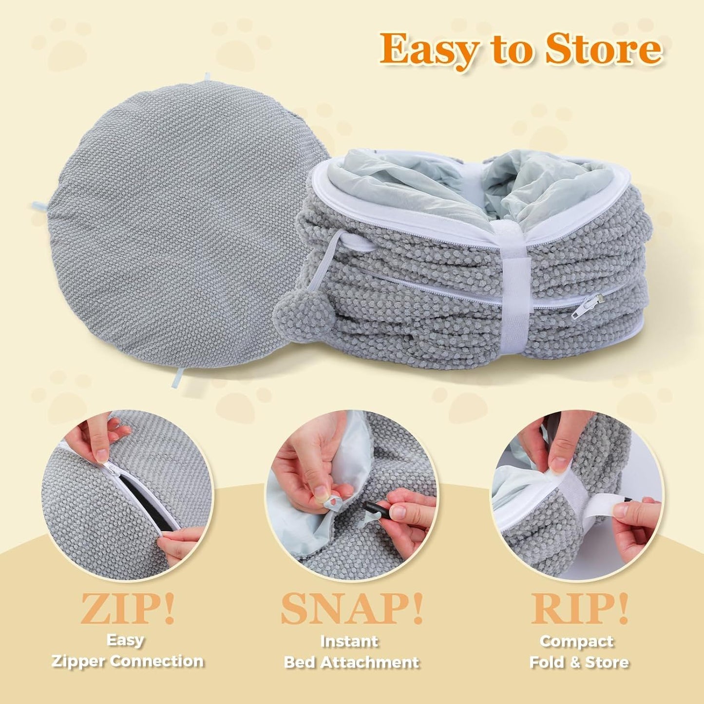 Gray collapsible cat donut tunnel bed with zipper connection, fold-and-store design