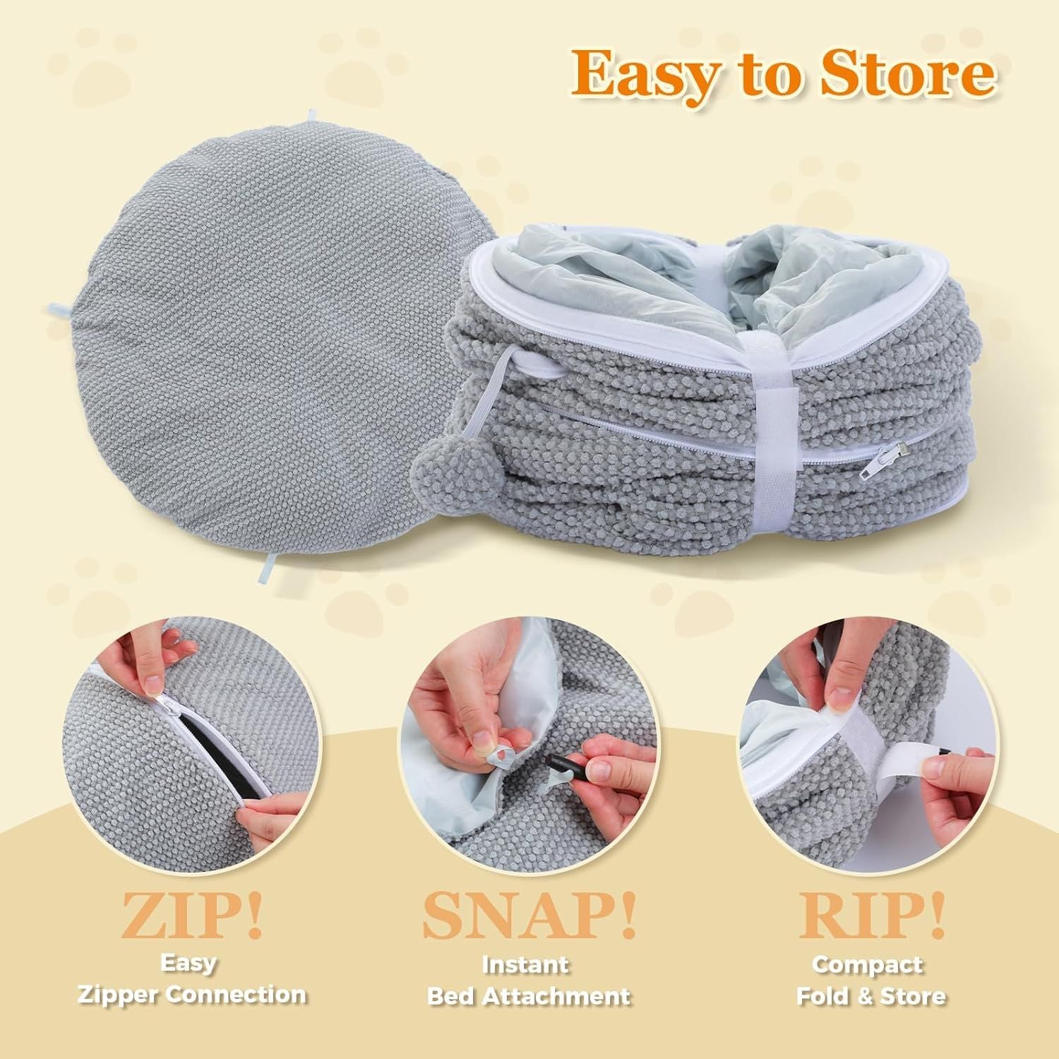 Gray collapsible cat donut tunnel bed with zipper connection, fold-and-store design