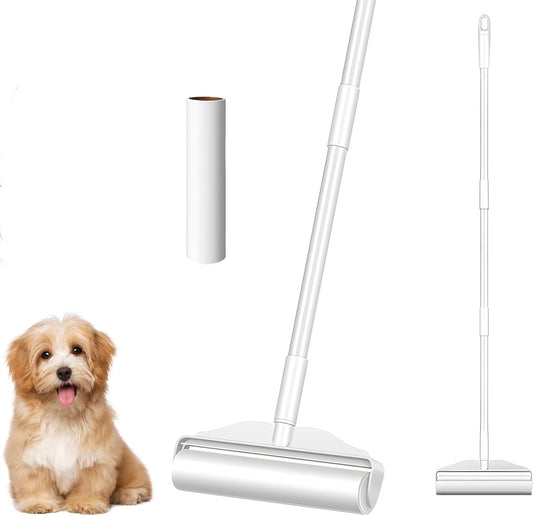 Wide sticky lint roller with long handle and spare rolls, shown with a dog.