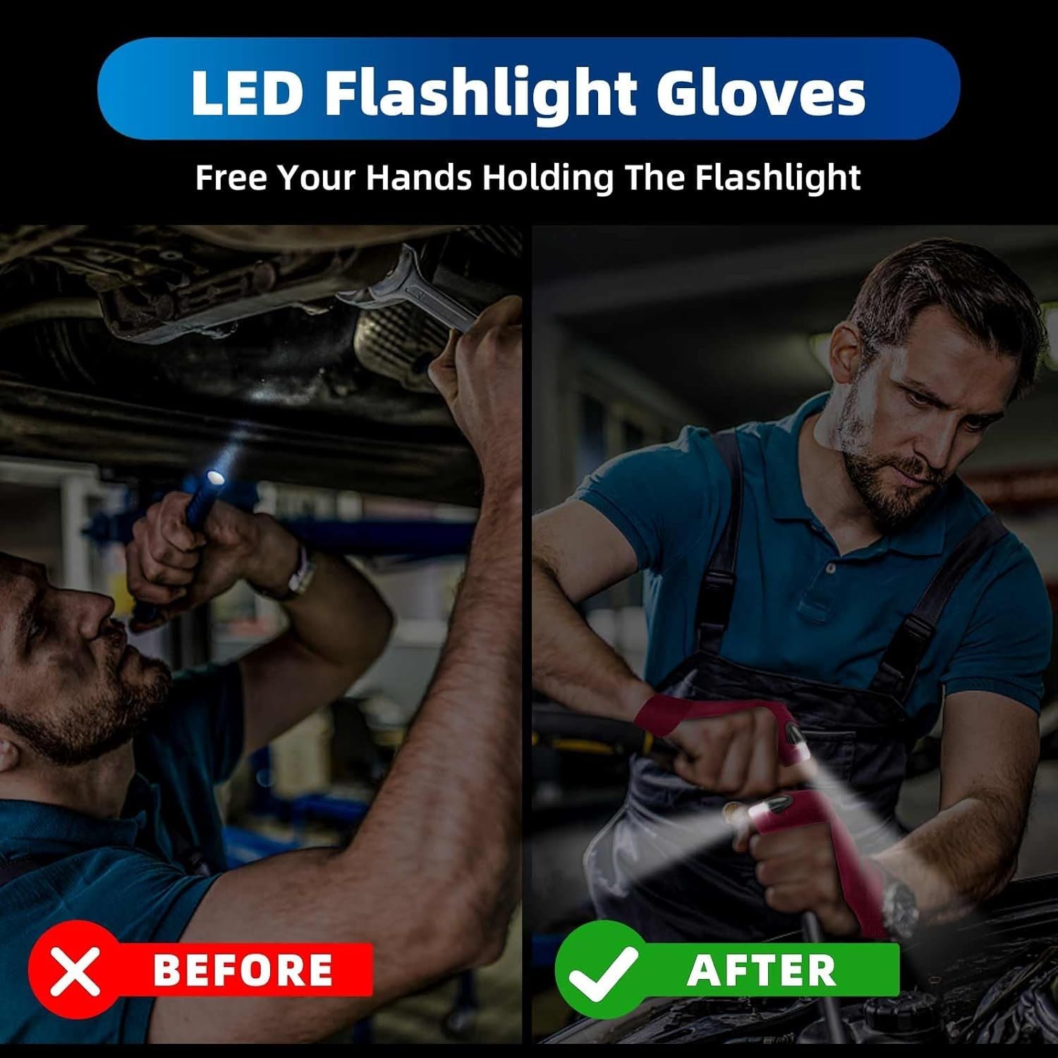 LED flashlight gloves with glowing fingertips for hands-free lighting during repair work