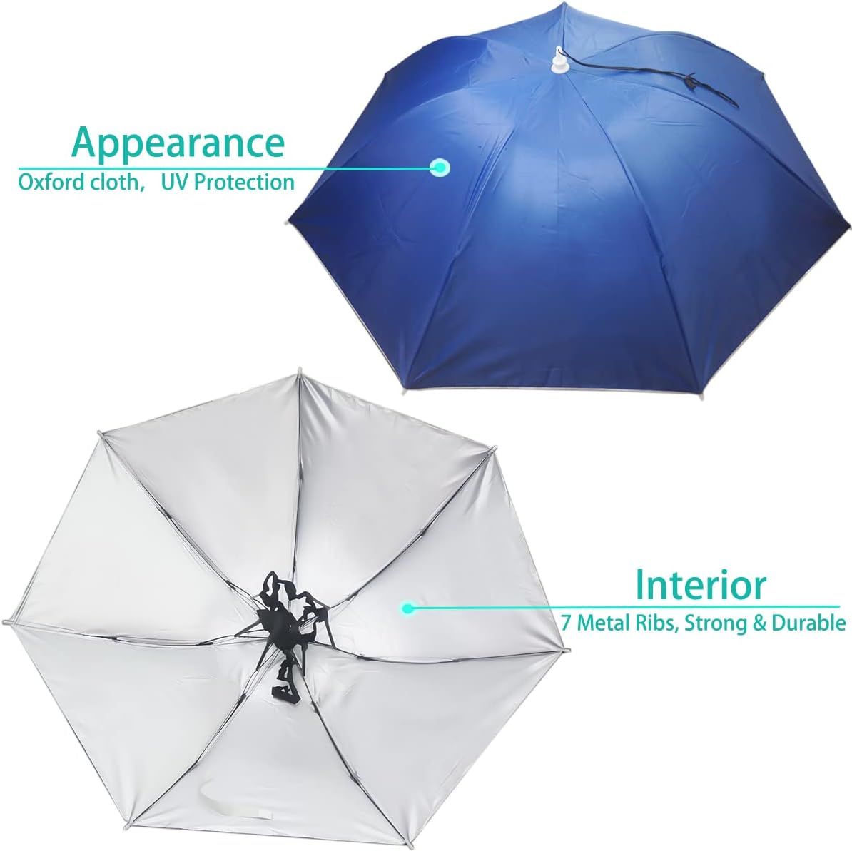 Blue umbrella hat with foldable canopy and adjustable chin strap