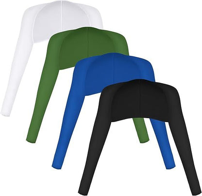 Cooling shawls in white, green, blue, and black with long sleeves and curved open front