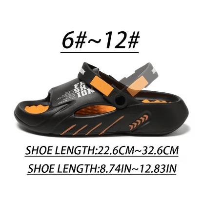 Platform EVA clog slippers, black with orange accents, back strap, perforated hole design