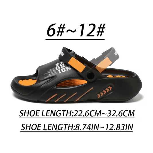 Platform EVA clog slippers, black with orange accents, back strap, perforated hole design